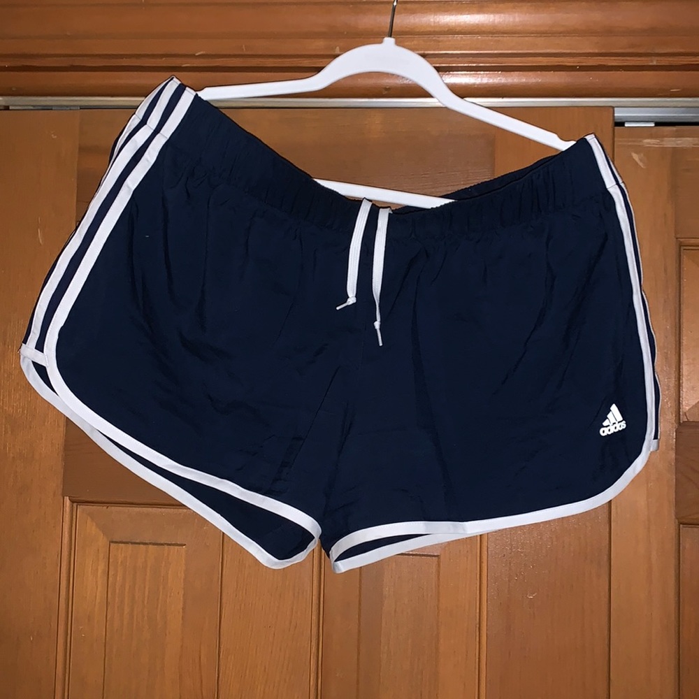 Adidas athletic running shorts navy blue white